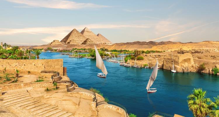 Ancient Egyptian temples along the Nile River in Africa